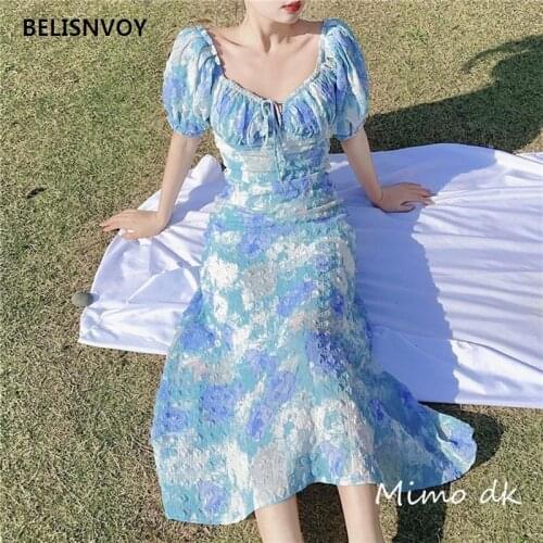 Korean Summer Women Elegant Floral Dress Elegant Vintage Print Party Night Maxi Runway Vestidos Slim Tropical Vacation Dress