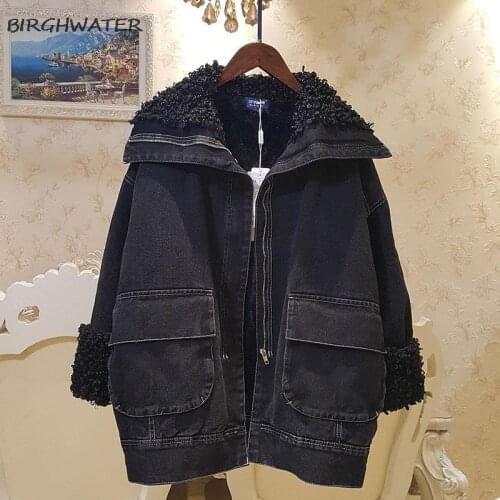 New Winter Denim Jacket 2020 Womens Black Big Lapel Loose Imitation Lamb Wool Coats Plus Velvet Thick Cowboy Parka Cotton Coat