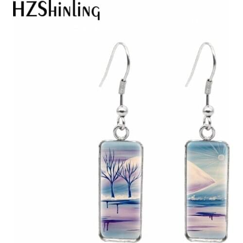 2021 New Trees in the Lake Rectangular Earring Tree Reflection Fish Hook Earrings Glass Cabochon Handmade Jewelry