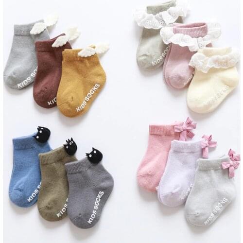 3 Pairs/lot Baby Girl Boy Socks Lace Ruffle Bow Newborn Bebe Floor Anti Slip Sox Kids Infantil Cotton Baby Socks Wholesale