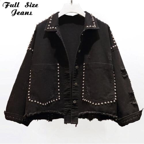 Plus Size Harajuku Frayed Rivet Black Short Denim Jacket 4XL Women Oversized Beaded Short Ripped Batwing Cropped Jeans Coat Jean