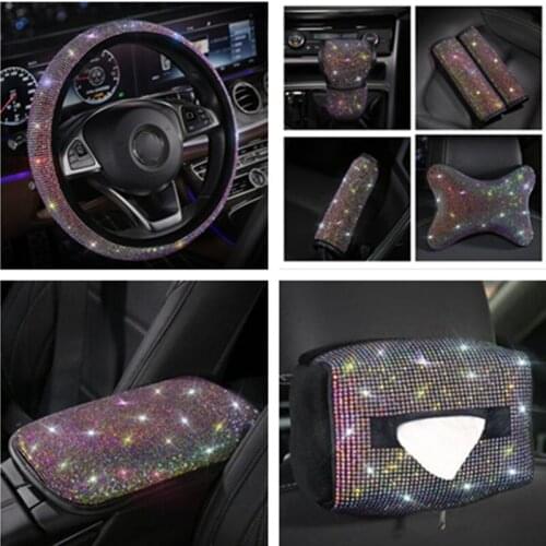 Bling bling car interior Car Seat Belt Shoulder Pad decorations colorful rhinestones car steering wheel cover Luxury