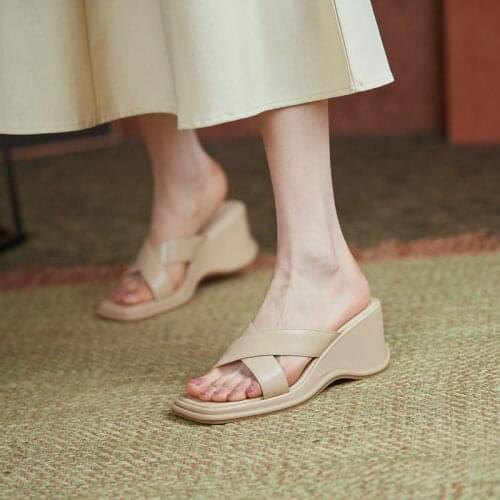 Brand Women Slipper Summer Genuine Leather Sandal Crystal Wedges High Heel Women Slippers Open Toe Ball Heel Slipper