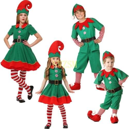 Children Green Elf Girls Christmas Costume Festival Santa Clause Girls Boys New Year Clothing Fancy Dress Xmas Party Dress Suit