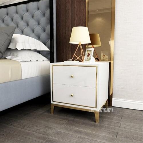 K02 Post Modern Bedside Cupboard Bedroom Nightstand Wood Night Table Gold-Plating Frame Bedside Locker With Solid Wood Drawer