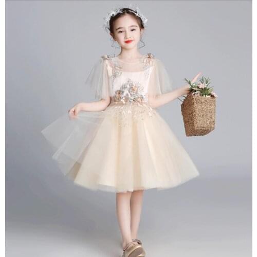 Champagne Lace Girl Wedding Party Flower Girl Dress Appliques Tulle Kids Princess Pageant Gowns Girl First Communion Dresses