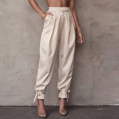 2021 Summer Stain Smooth Harem Pants High Wauist Zipper Bandage Black Solid Trousers Women White Fall Full Length Sweatpants