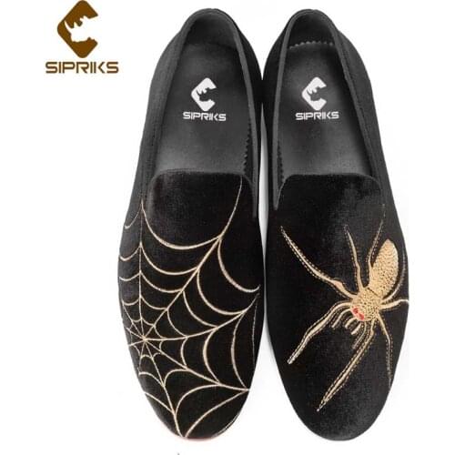 Sipriks Mens Cow Suede Leather Shoes Slip On Loafers Fashion Casual Embroidered Shoes Spider Web Leisure Flats Smoking Slipper