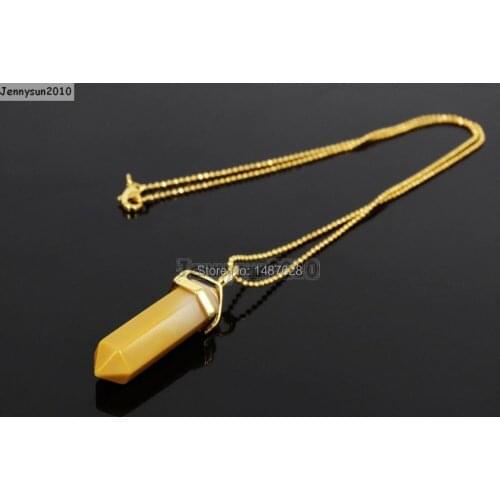 Natural Moukaite Gems Stones Hexagonal Pointed Healing Reiki Chakra Pendant Beads Gold 17'' Chain Necklace 5 Sets/Pack