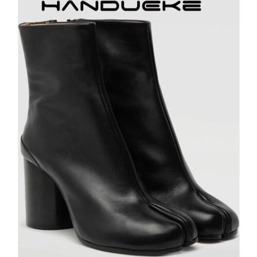 New Brand Design Fashion Split Toe Genuine Leather Women Chunky Round High Heels Women Boots Winter Tabi Shoes Short Boots