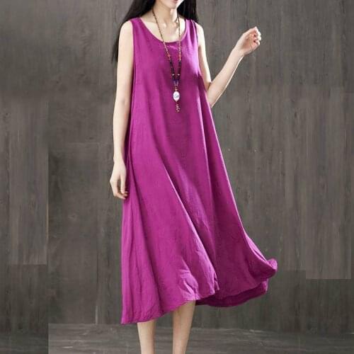 Summer New Style Literary Plus Size Mid-Length Sleeveless Vest Bottoming Skirt Loose And Thin Literary Solid Color Dress