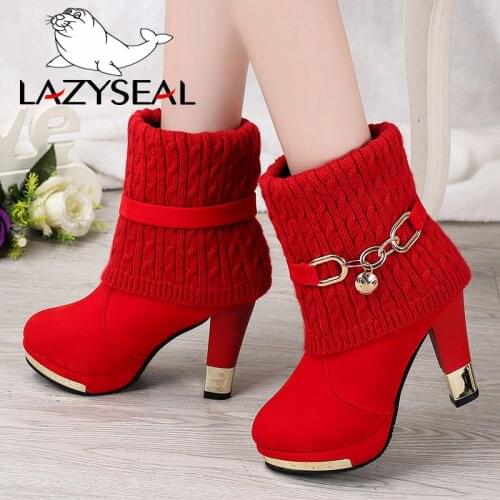 LazySeal New Thin Heels Boots Winter Shoes Warm Fur Snow Boots Womens Round Toe Slip-on Mid-calf Boots Women Shoes With Diamonds