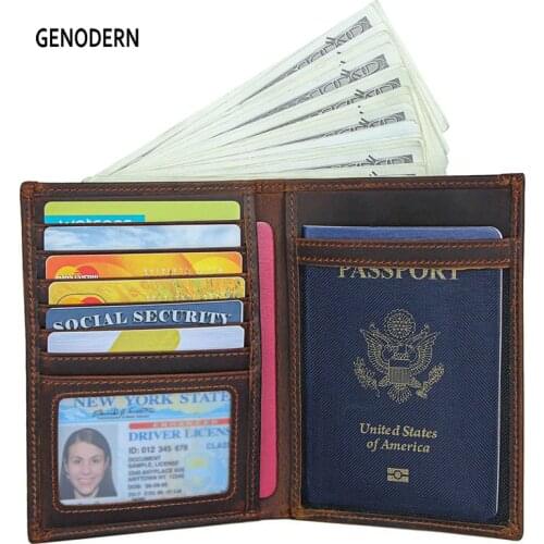 GENODERN Crazy Horse Leather Passport Cover for Men Women Travel Wallet Genuine Leather Passport Card Holder Air Ticket Bag