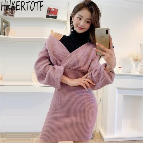 Autumn winter Matching Fake Two Pieces Women Knitted Dresses Elegant women Bottoming Sweater Vestidos