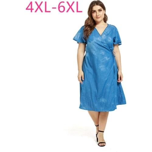New 2021 summer plus size midi dress for women large short sleeve loose casual blue print v neck denim dress belt 4XL 5XL 6XL