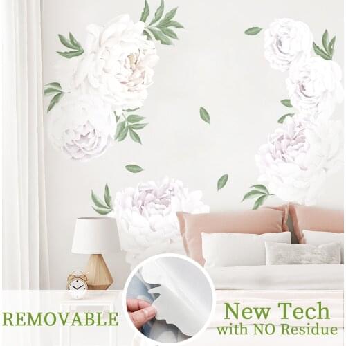 Poeny-white Flowers And Leaves Wall Stickers Living Room Bedroom Decoration Corridor Large Stickers Self-Adhesive Wallpaper
