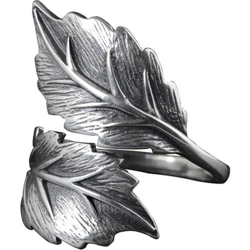 S925 Silver Retro Craft Simple Fashion Ring Female Open Thai Silver Leaf Ring