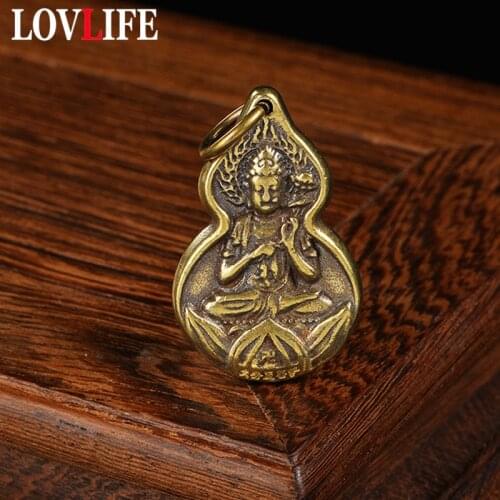 Retro Brass Buddha Gourd Tag Key Chain Pendant Chinese Sutra Car Key Chain Hanging Charm Jewelry Lucky Bodhisattva Keyring Gift