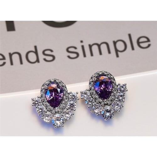 Luxury Female Purple Crystal Stone Earrings Vintage Rainbow Zircon Stud Earrings For Women Silver Color Wedding Earrings