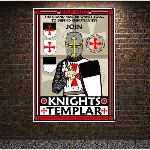 Ancient Military Art Banners Flags, Mounted Templar Charging Into Battle Poster Canvas Painting, Knights Templar Wall Hanging 7