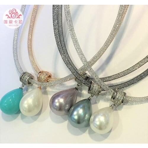WEICOLOR 45cm+10mm Silver Crystal Chain With Water-drop Mother Pearl Pendant Necklace.Very Popular Jewelry For Girls