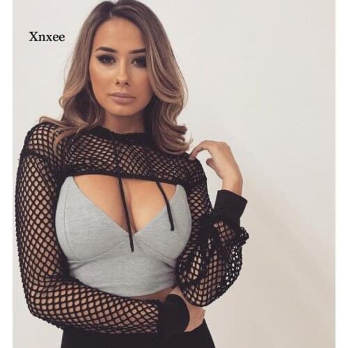 Long Sleeve Tshirt Women Mesh Top Hooded Hollow Out Sexy Punk Rock Short Crop Top White T-shirt Fishnet Black clothing tops