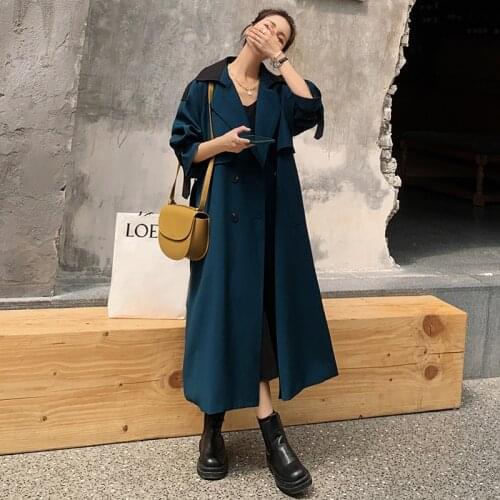 Womens Windbreaker Mid-Length 2021 Spring Autumn New Navy Blue Korean Loose Lapel Long-Sleeved Fashion High-End Coat Female L6