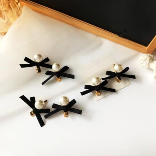 Temperament Black Bowknot Women Hair Accessories Girls Simulated-pearls Hairclips