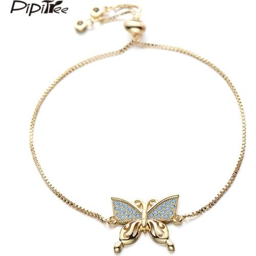 Pipitree Copper AAA Blue Cubic Zirconia Butterfly Bracelet Femme Adjustable Chain Link Women Bracelets Gold Color Jewelry Gift