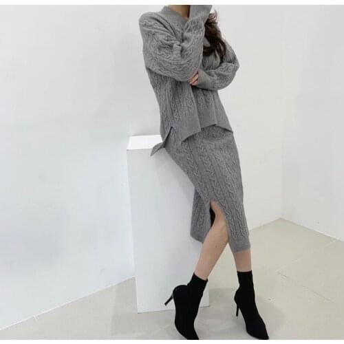 Vintage Fashion Knitted Suit Women 2021 Autumn Korea Lazy Style O-neck Long Sleeve Pullover Elastic Bodycon Mini Skirt