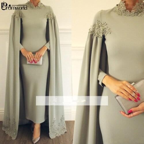 Arabic High Neck Capped Satin Women Muslim Evening Dress Party 2020 New Lace Beading Elegant Long Sleeves Formal Evening Gown