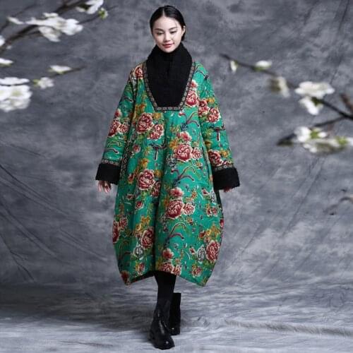 Ethnic Clothing Autumn Winter Jacket Floral Chinese Comfortable Cotton Padded Trench Coat Women Jacket Quilted Long Windbreaker