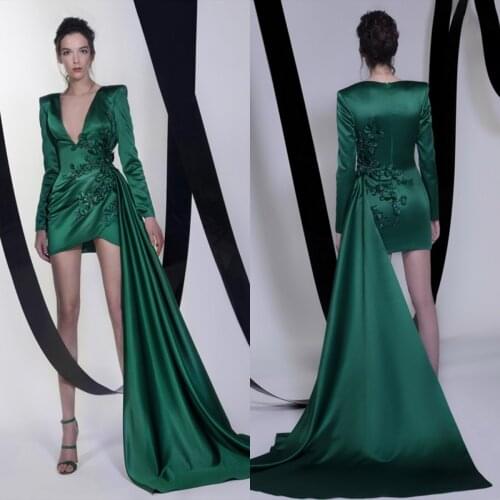 2021 Green Short Prom Dresses with Long Train V Neck Vestidos De Fiesta Appliqued Long Sleeve Custom Made Women Cocktail Gowns