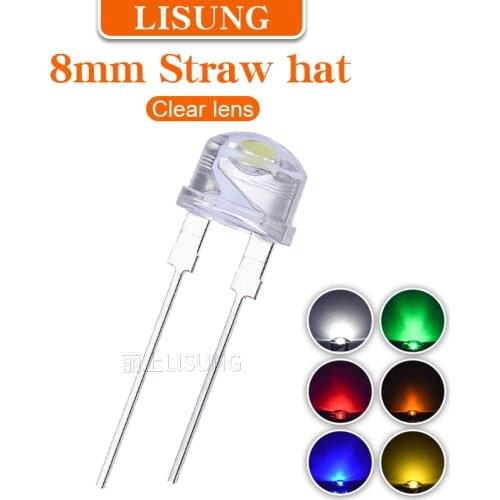 500pcs/bag Super bright 0.5W 8mm Straw Hat Led f8 Round clear lens Warm White Red Blue Pink UV Green High Luminous Diode