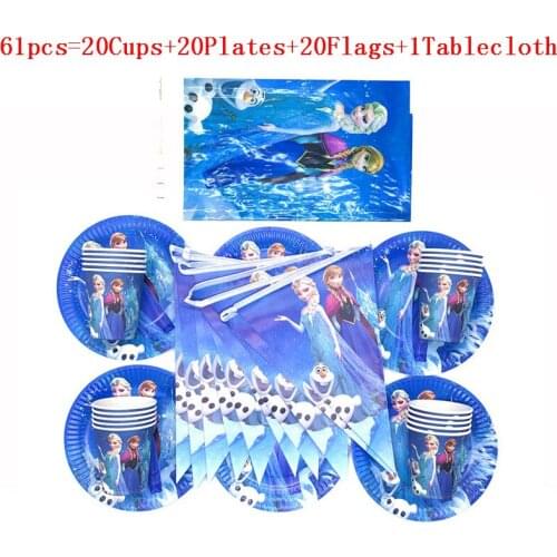 Party Supplies 61Pcs/31Pcs Disney Frozen Anna Elsa Kids Tableware Boy Girl Birthday Plate Cup Flag Tablecover Decorations Supply
