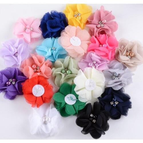 2.2" 9pcs/lot Chiffon Fabric Flowers with Pearl Rhinestone for Girl Headband Hair Clips Diy Headwear Hair Accessories