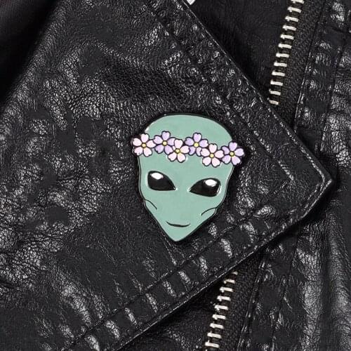 Alien brooches Alien with flower crown Hard enamel lapel pins Backpack Jackets Bags Accessories Gifts for space lover