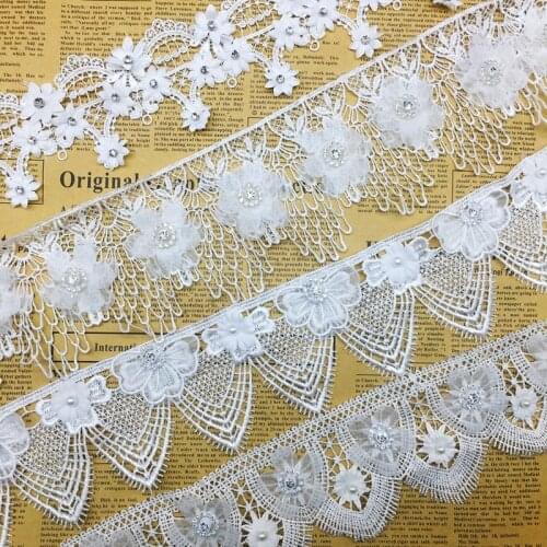 1 Yard White Flowers Guipure Pearls Lace Trim Rhinestones Ribbon Beaded Sewing Craft For Ball Gown Wedding Dress Decoration