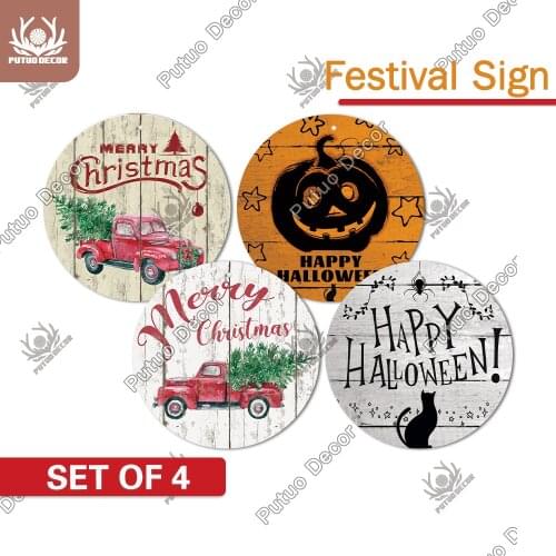 Putuo Decor 4PCS 2022 Halloween Round Wood Signs Christmas Wooden Plaque Wood Plate Hanging Signs Truck Home Wall Decor Ornement