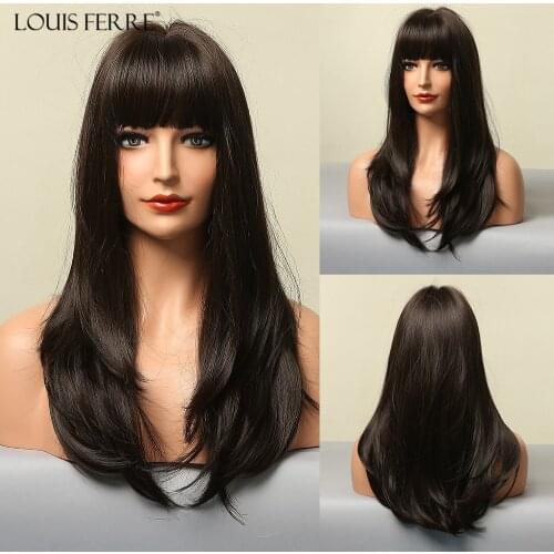 LOUIS FERRE Long Wave Natural Black Brown Synthetic Wigs Womens Bob Wig with Fluffy Bangs Heat Resistant Cosplay Hair for Women