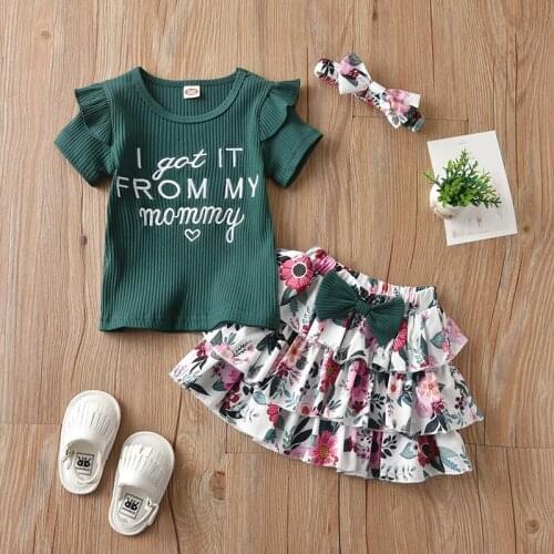 3Pcs Baby Girls Clothes Summer Set Ribbed Letter Print Fly Sleeve Round Neck T-shirt Floral Tiered Skirt with Bowknot Headband