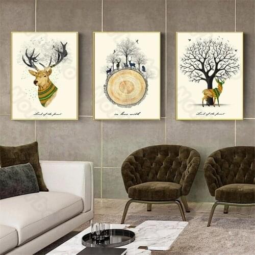 Modern Style Canvas Painting Poster and Print Art Pictures Deer and Tree Stump Growth Rings for Home Rooms Gallery Wall Decorati