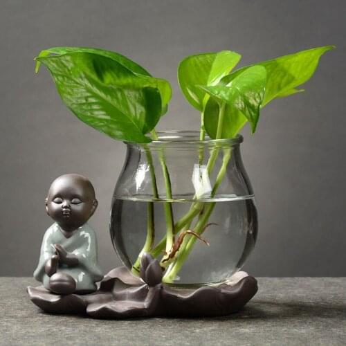 Creative Chinese Buddhism Ceramic vase Hydroponic plant Glass transparent vase Container flower pot Desktop decoration