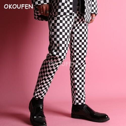Fashion Black and white grid nine pants Korean version British casual tide men nine pants trousers singer dancer stage show