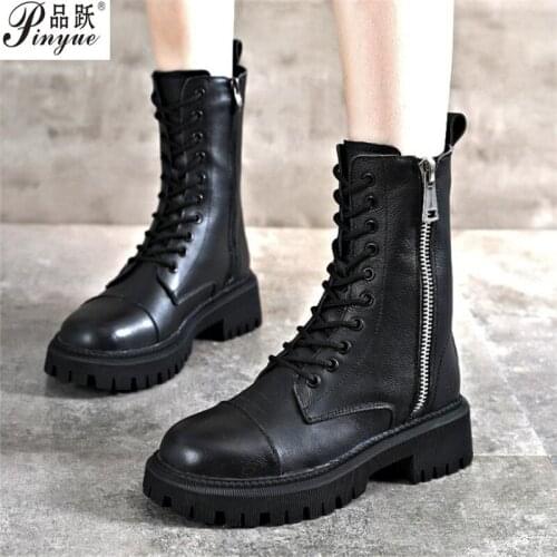 Fashion zipper black Short Boots Women Combat Boots Autumn Platform Gothic Shoes Top layer cowhide motorcycle boots