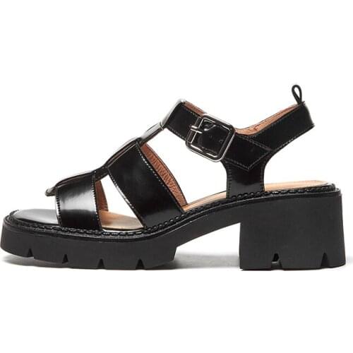MORDOAN Platform Shoes Women Genuine Cow Leather Sandals Women New Summer Ankle Buckle Strap Mid-Heel Patent Leather Sandals