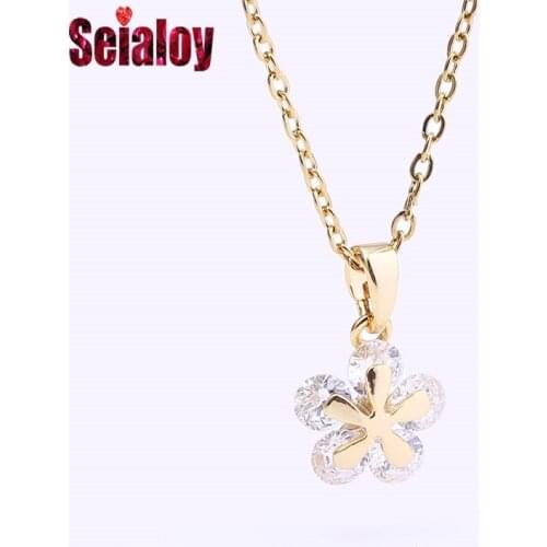Seialoy High Quality Golden Crystal Petals Pendant Necklace For Women Original Golden Shiny Crystal Flowers Charms Girl Collar