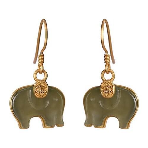 925 sterling silver gold plated Hetian gray jade personality elephant earrings retro Chihuahua Womens white eardrop earrings