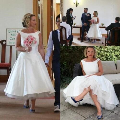 Modest white satin tea length short Wedding Dresses Simple A Line Scoop neck cap sleeves vintage beaded Country Boho Bridal Gown