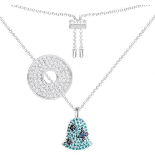 SOELLE High Quality 925 Sterling Silver Lagoon & Navy Blue Bell Pendant Necklace with Paved Disc Micro Cubic Zirconia for Women